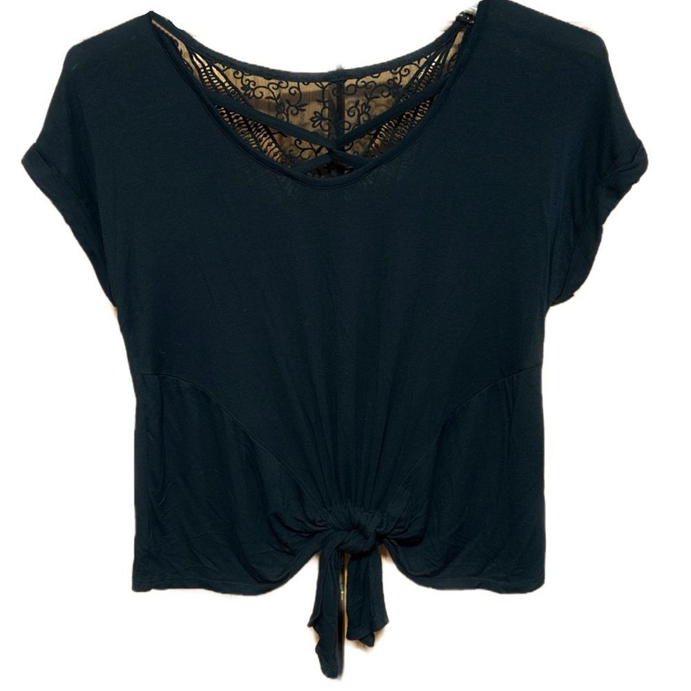 Women’s XL Almost Famous Black Lace Back Knit Top with Front Tie